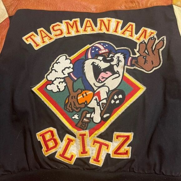 Vintage JEff Hamilton NFL tazmanian blitz Leather Bomber Jacket Taz 90s devil - Picture 2 of 4